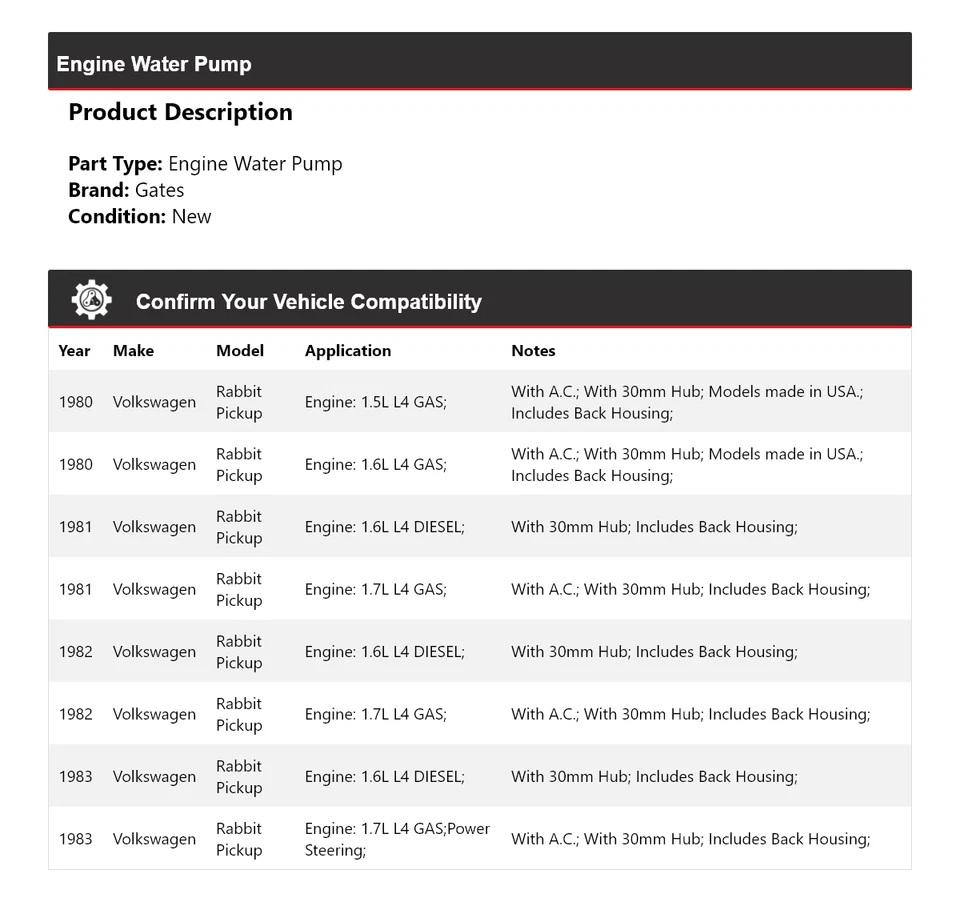 Para Volkswagen Rabbit 1980-1983 Pickup Motor Bomba Agua Puertas 1981 1982 Foto 2 de 4