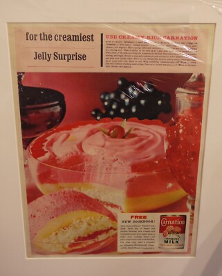 Original 1963 Vintage Lebensmittel Werbung montiert Nelke Verdunstungsmilch Dose Dessert
