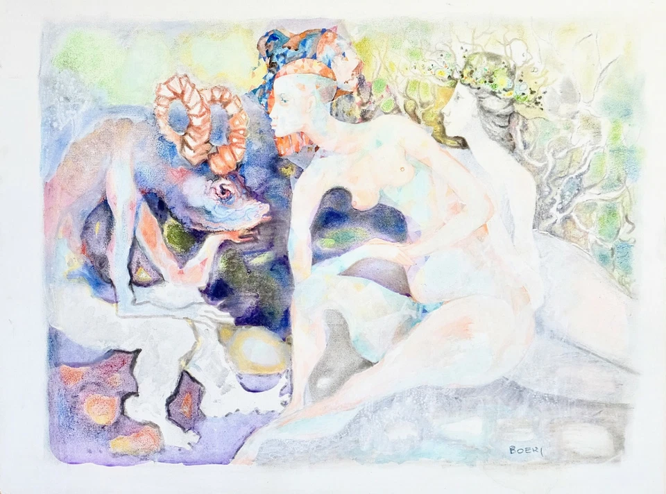 Jacques Boéri - Original Painting - Gouache - The Conversation, Nude - Image 2 of 3