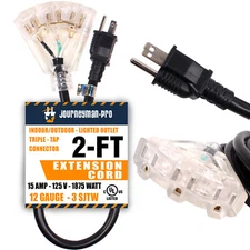 Lighted Outdoor Extension Cord 2ft Triple-Tap 3 Way Splitter 15 AMP 12 AWG Gauge