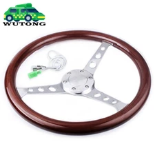 15" Inch 380mm Billet Steering Wheel Dark Wood Chrome Spoke 6 Hole Horn Button