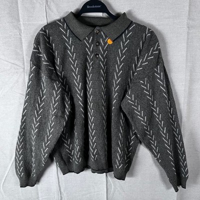 Conte di Milano Mens Gray White Pattern Textured Knit Polo Sweater M Italy