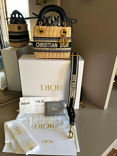Dior Wicker Lady Dior Mini Top Handle Bag Beige/Navy Oblique Strap Dust Bag