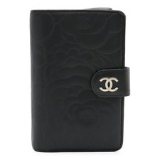 Chanel Camellia Embossed Lambskin Wallet Women Black One Size