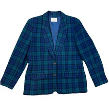 VTG Pendleton Blazer Womens SZ 12 Blue Green Tartan Plaid Print 100 Virgin Wool