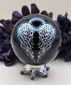 NEW Natural Stone Carved Polished Obsidian Crystal Sphere Etched Silver Wings