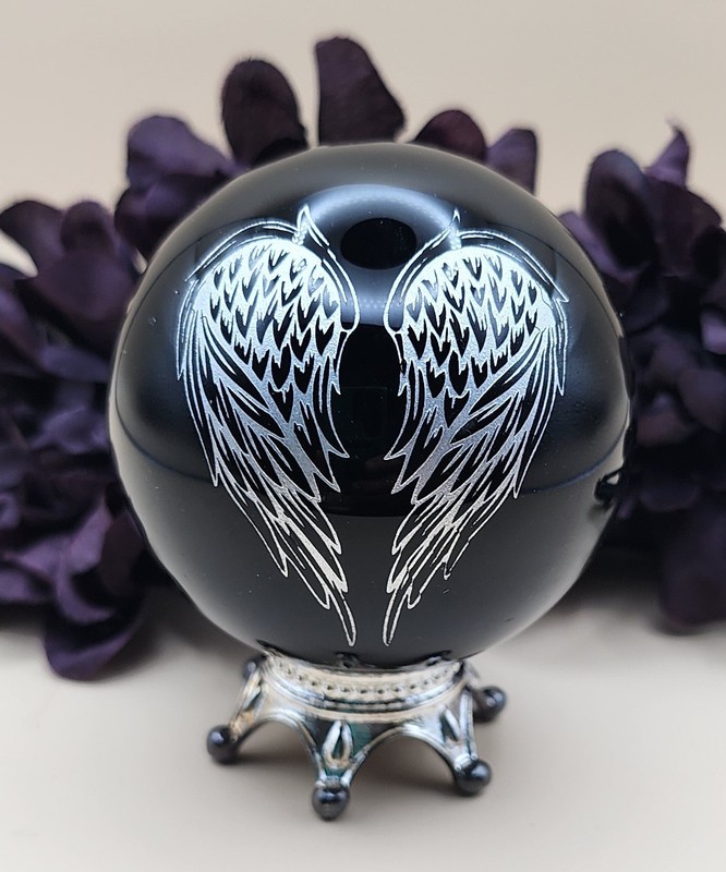 NEW Natural Stone Carved Polished Obsidian Crystal Sphere Etched Silver Wings
