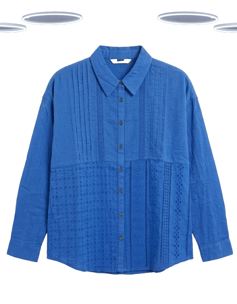 Ex TU Women's Shirt - Embroidered Button-up Patchwork Woven Long Sleeve Blue