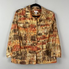 Chicos Linen Blend Jacket Size 2 US Large Sedona Escape 3/4 Sleeves Orange Multi