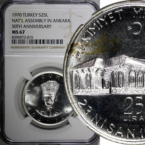 Turkey Silver PROOF 1970 25 Lira NGC MS67 Ankara TOP GRADED FLASHY KM# 897 (015)