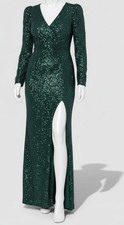 Xscape Women's Green Sequined V-Neck Long-Sleeve Side-Slit Dress Petite Size 8P