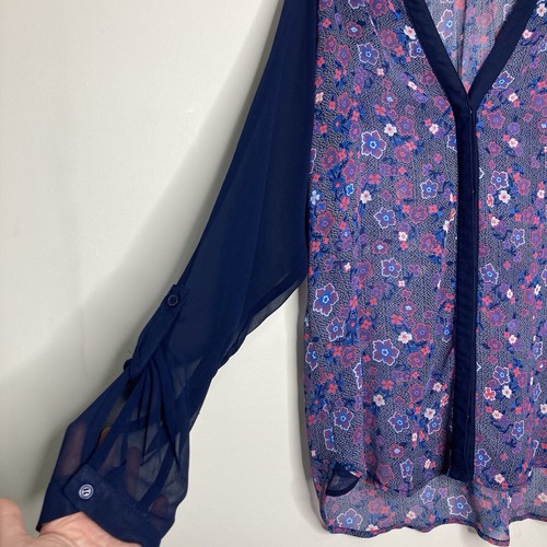 Jeanswest sz 14 Sheer Floral Button Up Long Sleeve Shirt Blouse, V-neck Roll Tab - Picture 5 of 11
