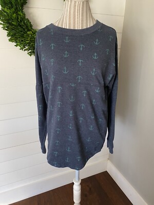 MV Sport Women's Blue w/Green Anchors Long-Sleeve Crew Neck Shirt Sz S (B1)