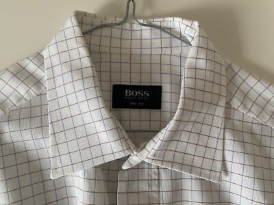 Hugo Boss Two Ply Langarm Hemd Herren weiß kupfer hellblau kariert Größe 43