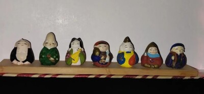 Vintage Chinese 7 Immortals Clay Small Figurines Artisan Crafted Handpainted 