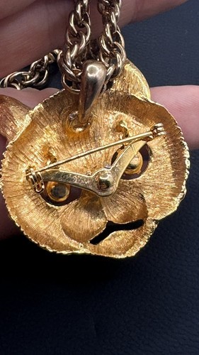 Gold Tone Cheshire Cat Crystal Eye Classic Pedant Necklace Chain/Pin Brooch #4 - Picture 7 of 10