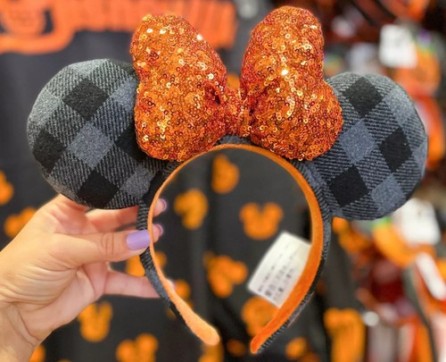 Disney Parks Minnie Mouse Ears Orange Bow Sequin Halloween Plaid Headband
