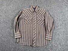 VTG Western Flannel Shirt Adult Medium Brown Plaid Pearl Snap Rockabilly Cowboy