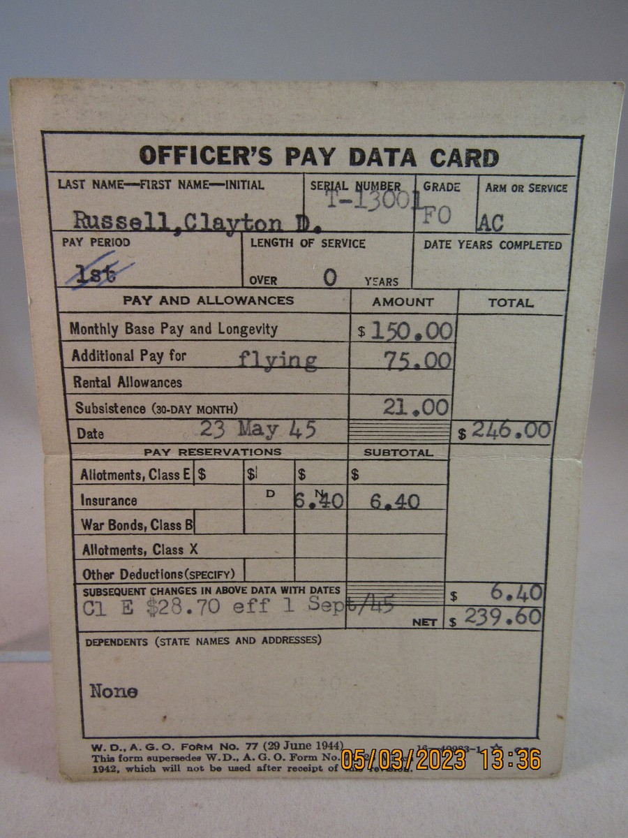 US Army Air Corps WWII Officer's Pay Data Card & Personal