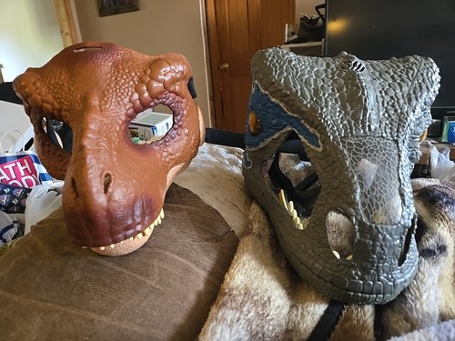 Pair Of Jurassic Park Dinosaur Masks T-Rex And Chomp And Roar Blue
