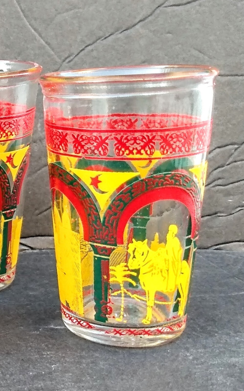 6 Vintage Moroccan Glass Mint Tea Cup Glasses Red Green Yellow Horse Buildings