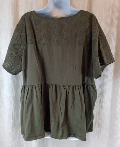 Torrid Cotton Jersey Crew Neck Eyelet Yoke Babydoll Top Army Green Shirt Size 2 - Picture 4 of 13