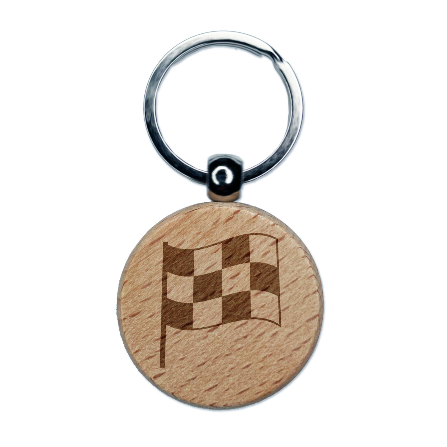 Waving Checkered Flag Engraved Wood Round Keychain Tag Charm