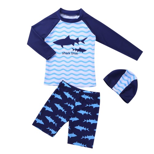 US Kids Boys Tankini Swimsuits Rash Guard Striped Printed Swim Shirts Cap Set - Picture 4 of 7