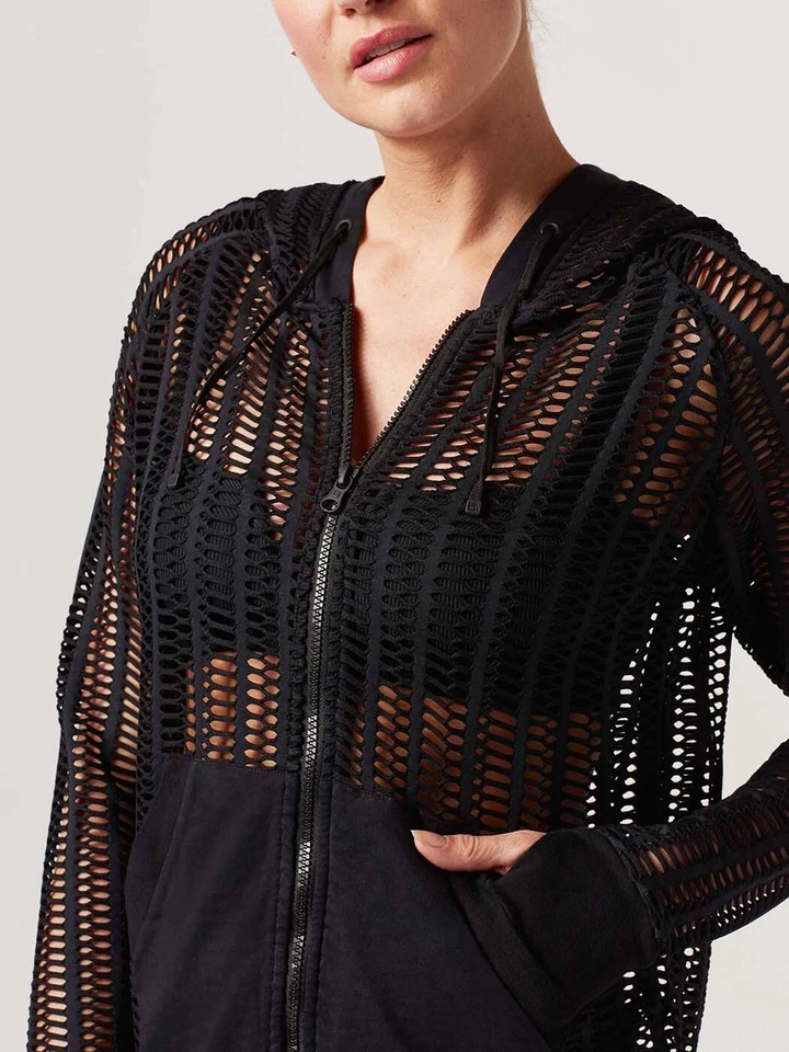 BLANC NOIR Linear Mesh Front Zip Hoodie Jacket in Black Women's Size XS NWT $119 - Image 2 of 4