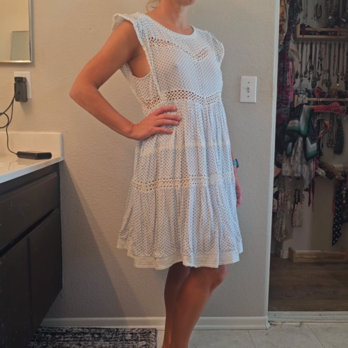 White Free People Dress Blue Flowers Ruffle Cap Sleeve Mini Dress Small Cute - Video 1 of 1