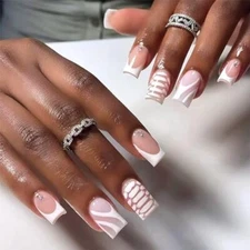 French Tip Press on Nails Square Short Medium White Fake Nails Acrylic Glue on 