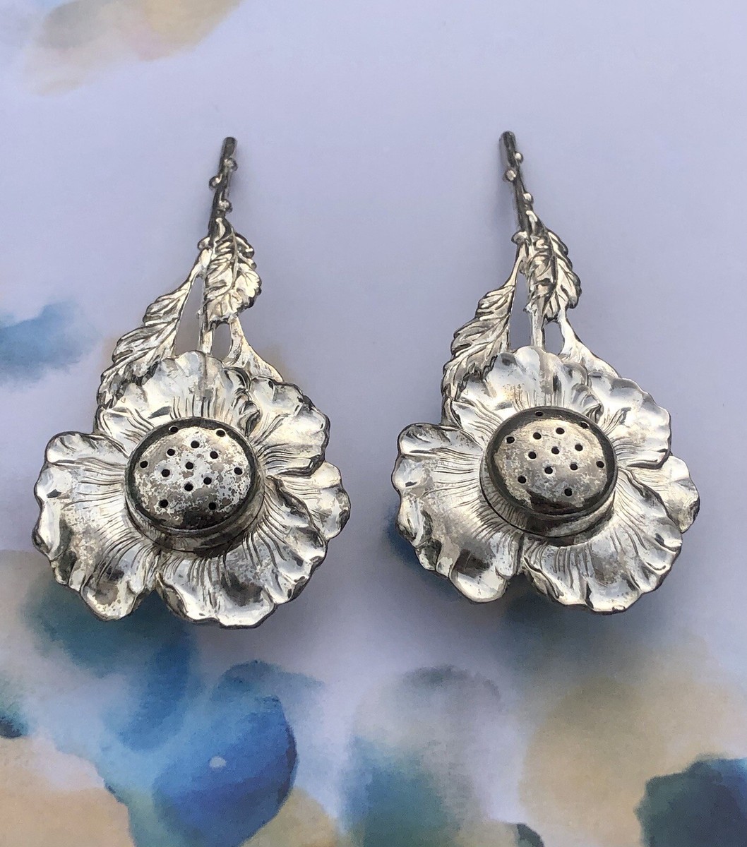 Vintage Flower Salt and Pepper Shakers Silver Japan Repousse Style