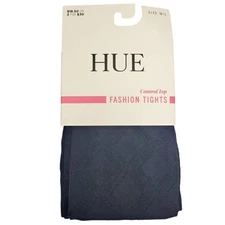 Hue Fashion Tights Black Pointelle Diamond Pattern Control Top Size M/L 1 Pair