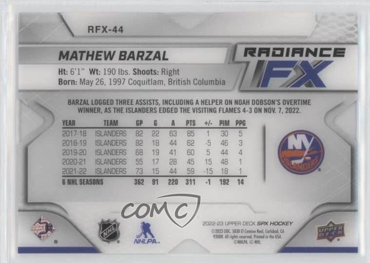 2022-23 SPx Radiance F/X Gold /99 Mathew Barzal #RFX-44 - Image 2 of 2