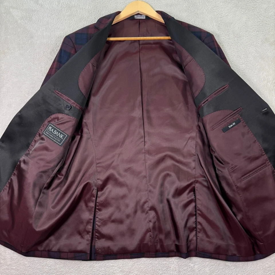 Jos. A. Blazer Bank Slim Fit Chaqueta Esmoquin a Cuadros Azul Borgoña Para Hombres 43R Preppy Foto 4 de 4