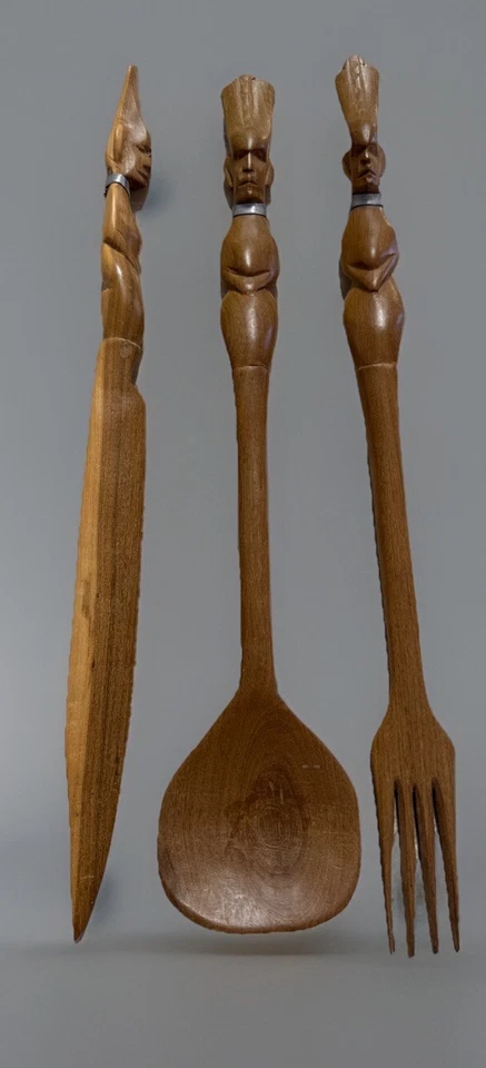 Cuchillo tenedor cuchara africana madera tallada a mano de colección arte popular madera Foto 2 de 4