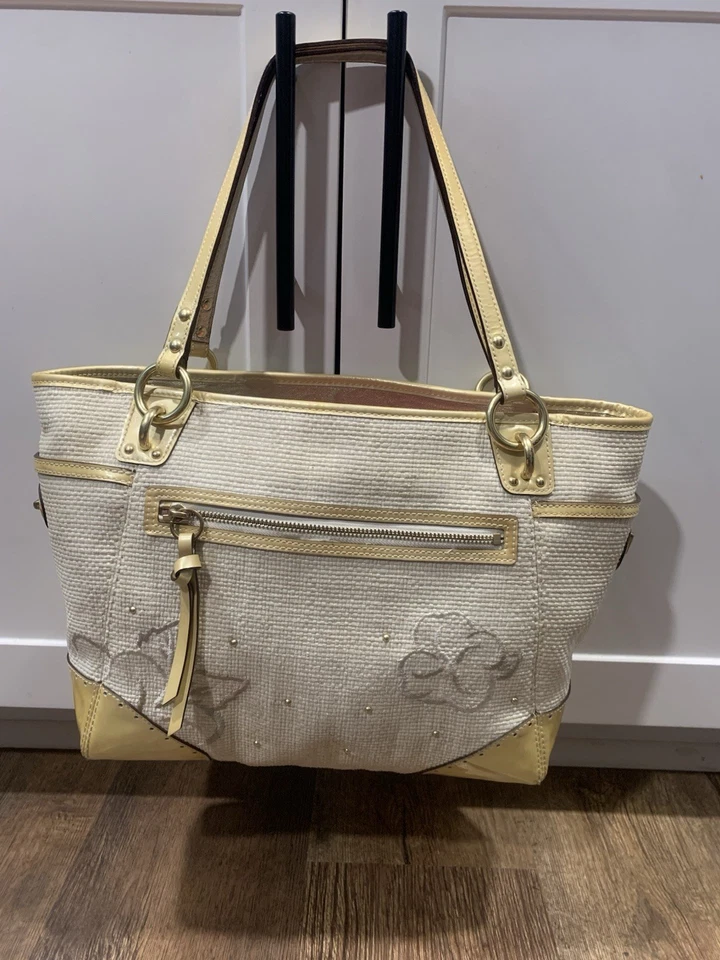 Bolso de hombro vintage Coach para mujer Hampton floral con adornos de cuero de paja 15029 Foto 3 de 4