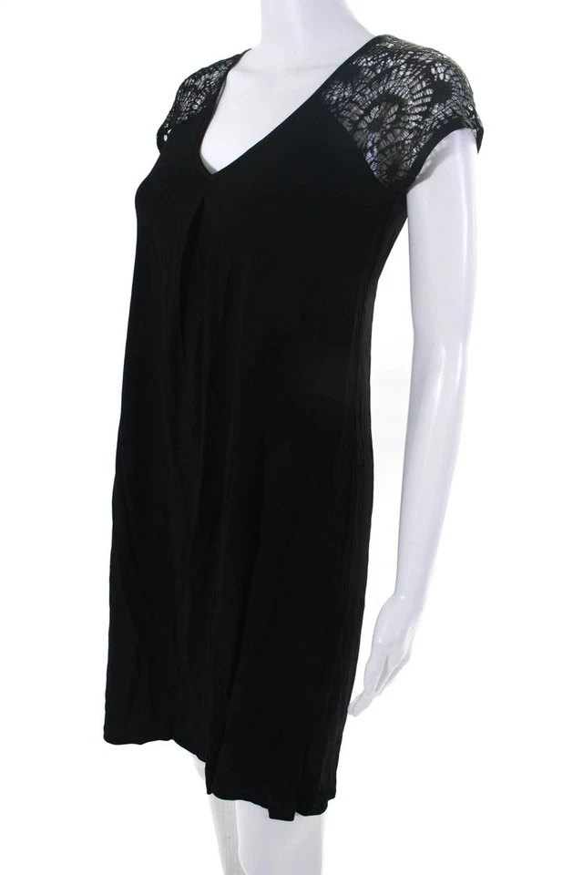 Michael Stars Women Lace Cap Sleeve V Neck Matte Jersey Shift Dress Black Size 0 - Image 2 of 4