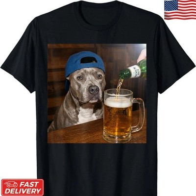 Funny Pit Bull Drinking Beer T-Shirt Dog Meme Graphic Tee Black S-5XL