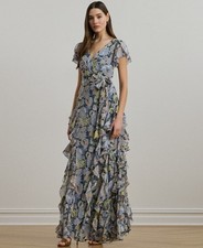 Lauren Ralph Lauren Women's Floral Ruffle-Trim Georgette Gown Blue Size 16 $325