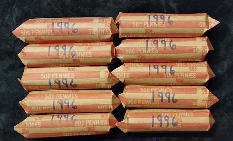 1996 P Cent Rolls--Uncirculated--10 ROLLS--FREE SHIPPING