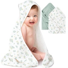 2-Pack 30x30 inch Muslin Hooded Baby Towels 100 Cotton Green Leafy Print