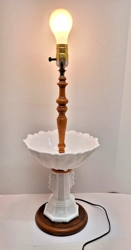 Vintage 1940’s Fostoria milk glass and wood lamp Fruit Bowl 20" WORKS!