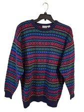 Vintage Mens Sweater Size L Multicolored Pattern Crew Neck Long Sleeve Pullover