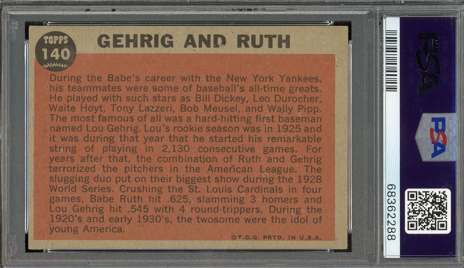 1962 Topps - Babe Ruth Special Babe Ruth, Lou Gehrig PSA 5 HOF WELL CENTERED view 2