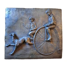 Vintage MCM Nancy DuPont Twyman Bronze Relief Wall Plaque - Boys, Dog, Bike