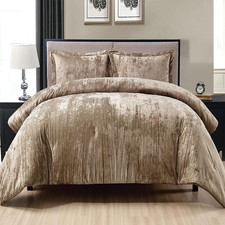 Crinkle Velvet Comforter Set, 3 Pieces Khaki Queen, Crinkle Velvet Face and Brus