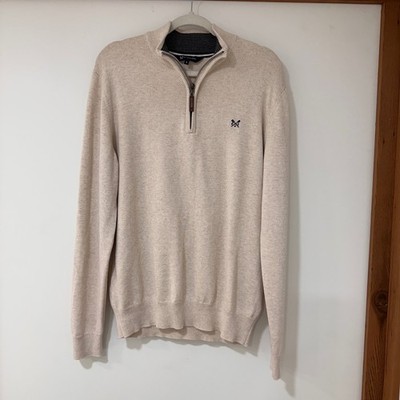 Crew Clothing Company Quarter Zip Sweater Mens Large Oatmeal Cotton Knit Preppy