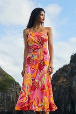 NWT FARM Rio Women's Size S Fruit Brush Cut Out Midi Dress Satin Small Colorful 