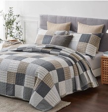 Finlonte King Size Quilt Set, 100 Cotton Lightweight, Grey Brown Farmhouse New